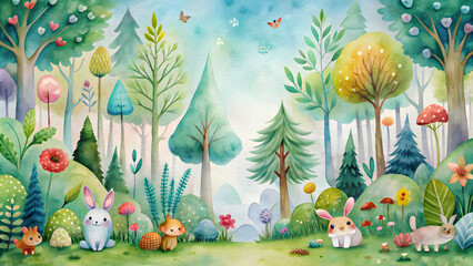 Watercolor painting of an abstract forest with a cute and whimsical touch , watercolor, cute, abstract, forest, nature