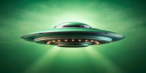 Unidentified flying object hovering in the sky on green background, UFO, alien, outer space