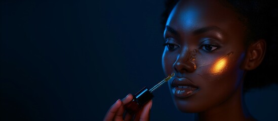 Obraz premium Afro-American Woman Applying Hyaluronic Acid Serum, Enriched with Vitamin C and Niacinamide for Hydration and Radiant Skin, Copy Space