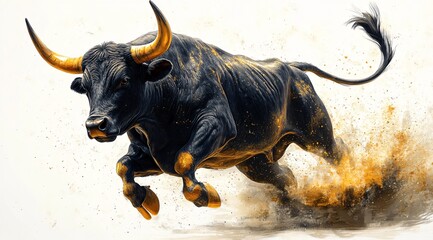 Black Bull Charging with Golden Horns and Dust