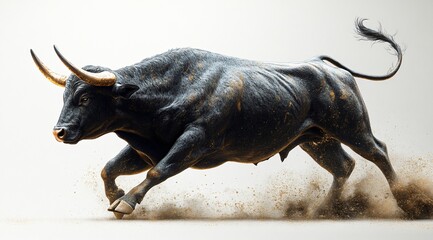 Black Bull Running with Dust and Gold Horns