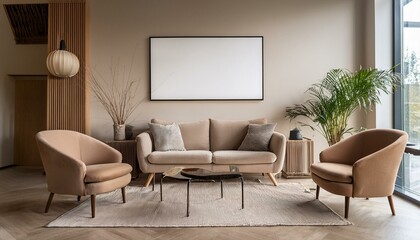 Beige lounge zone interior couch and armchairs near window, mockup frame