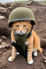 orange cat in world war 3 wearing protection armor. survival for fittest. Generative AI