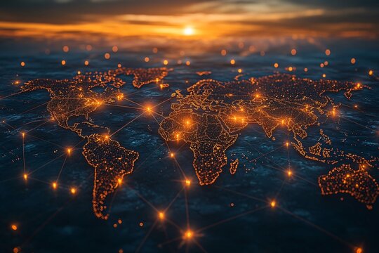 Global Network Connection Map with Sunset