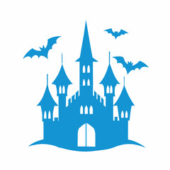 Fototapeta premium Silhouette illustration of a haunted castle with bats flying around in a spooky design