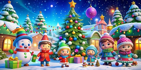 Bright cartoon characters radiate joy in a winter wonderland filled with vibrant decorations, spreading festive cheer.