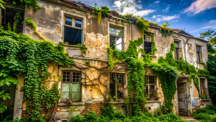 Dilapidated old building with broken windows and overgrown vines , abandoned, decay, neglect, forgotten, derelict, ruins