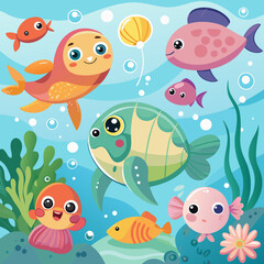 Colorful cartoon underwater scene with happy fish and sea creatures in a playful environment