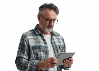 A man with glasses is reading a tablet
