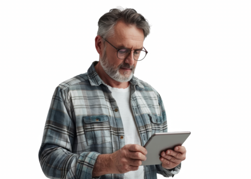 A man with glasses is reading a tablet
