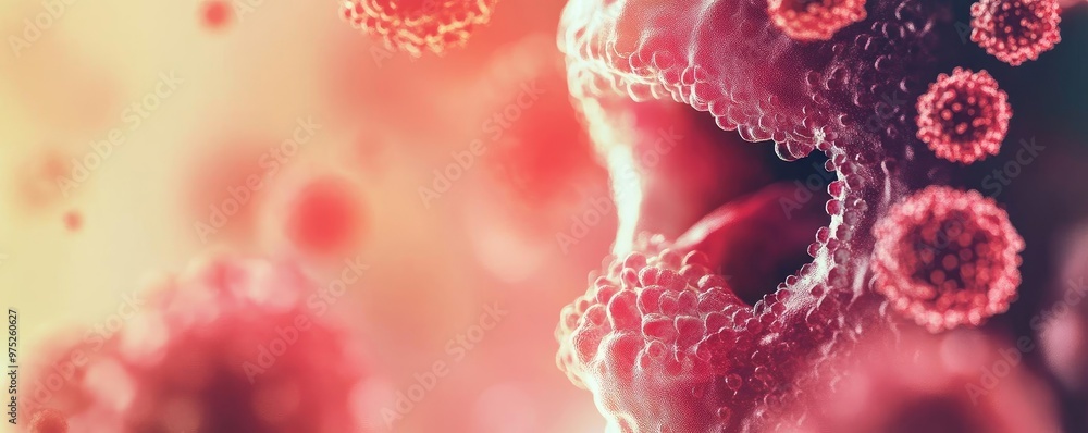 Poster Close-up view of a virus interacting with cells, showcasing intricate textures and vibrant colors associated with microscopic life.