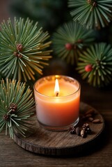A candle burning in a wooden holder, surrounded by pine needles and pine cones, Christmas theme