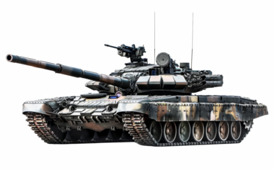 A large military tank with a camouflage pattern on its side