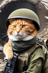 orange cat in world war 3 wearing protection armor. survival for fittest. Generative AI