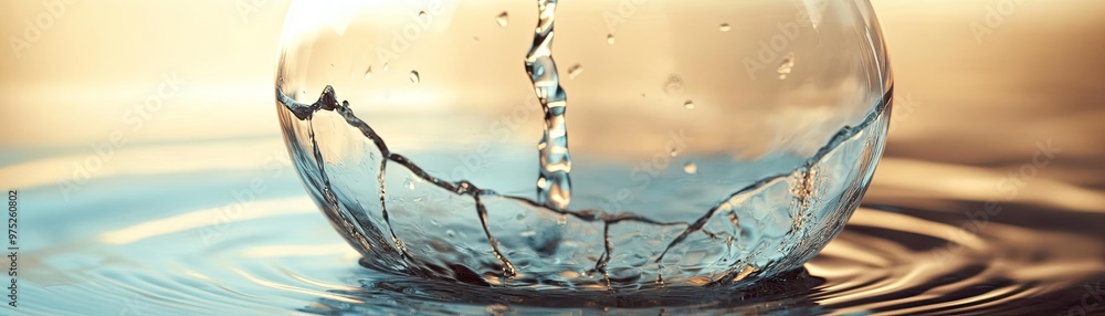 Poster Close-up of a water droplet splashing into a serene surface, creating beautiful ripples and dynamic movement in tranquil surroundings.