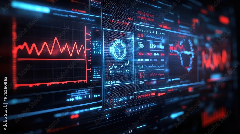 Poster Futuristic digital interface displaying analytical data and graphs in vibrant colors, ideal for technology and innovation themes.