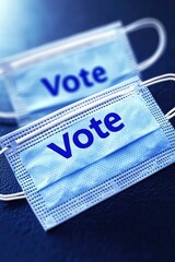Voting Safely in a Pandemic - Person Adjusting Face Mask with Vote Text While Queuing to Cast Ballot