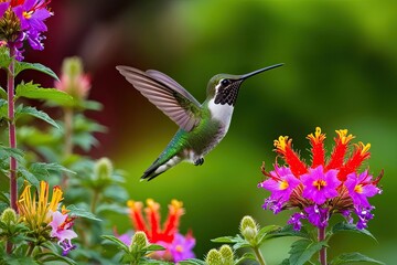 Energetic Hummingbird with Vibrant Flowers Against Lush Greenery