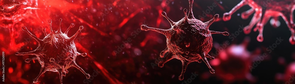 Poster Close-up of virus cells in red light, showcasing intricate details and structure. Ideal for health and science-related projects.
