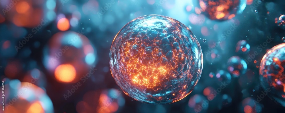 Aufkleber Detailed close-up view of vibrant cells in a dynamic environment, showcasing intricate structures and glowing elements.