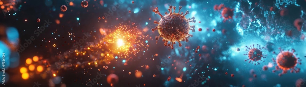 Poster A vibrant digital illustration of viruses in a colorful, abstract environment, showcasing the complexity of viral structures.