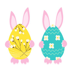 Pink rabbit hiding behind patterned Easter Egg. Set of 2 festive elements Greetings design concept