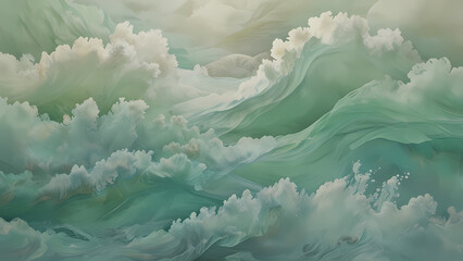 abstract background with soft, diffused textures in light aqua, pastel green, and off-white, reminiscent of gentle waves or clouds in a serene sky