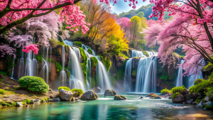 Naklejka premium A stunning paradise with blooming sakura trees, colorful flowers, and picturesque waterfalls, Paradise, Sakura, Trees, Flowers