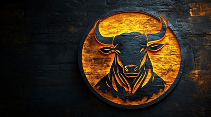 Glowing Bull Head Silhouette on Black Wall