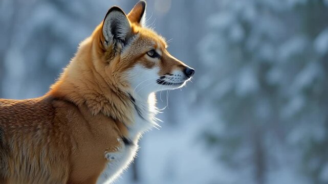 Close-up footage of a red fox in a winter forest. A striking close-up of a red fox, its vibrant fur contrasting beautifully with the snowy winter landscape around it.