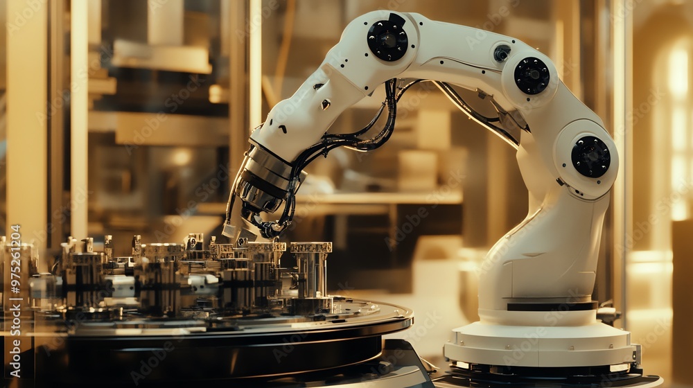 Poster white robotic arm manipulating parts on a rotating platform in a factory setting