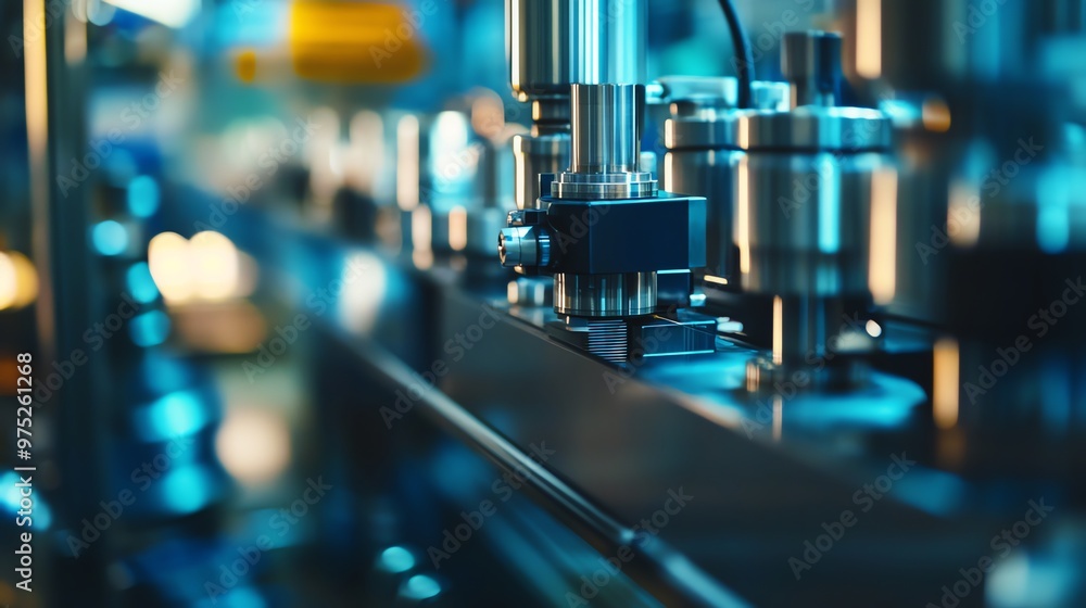 Poster close-up of a robotic arm in a factory setting with a blurred background.