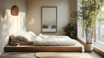 A minimalist bedroom with a wooden platform bed, white bedding, a large window, and a potted plant. The room is decorated in a neutral color palette with natural materials.