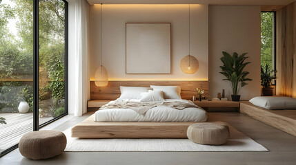 A minimalist bedroom with a wooden platform bed, white bedding, and a large window overlooking a lush garden.