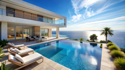 Fototapeta premium Luxurious waterfront villa with private pool and stunning ocean views in the Mediterranean , vacation, summer
