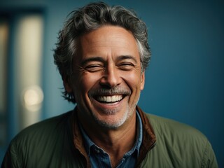 Fototapeta premium Middle aged man laughs against a blue background