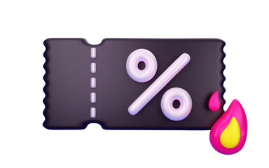 Black ticket voucher with percent sign and fire icon in the corner, 3d vector illustration.