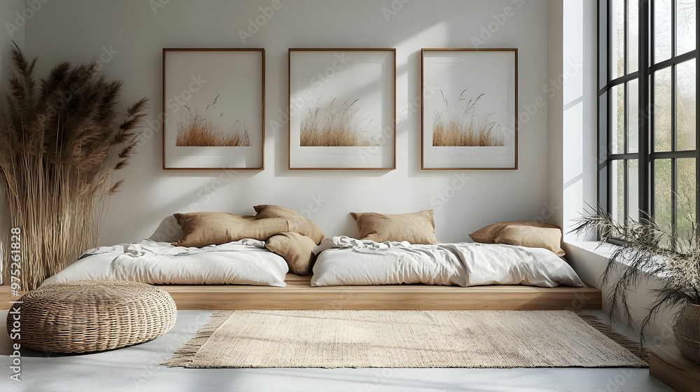 Wall mural A minimalist living room with a wooden platform bed, three framed nature prints, a woven ottoman, and a large window.