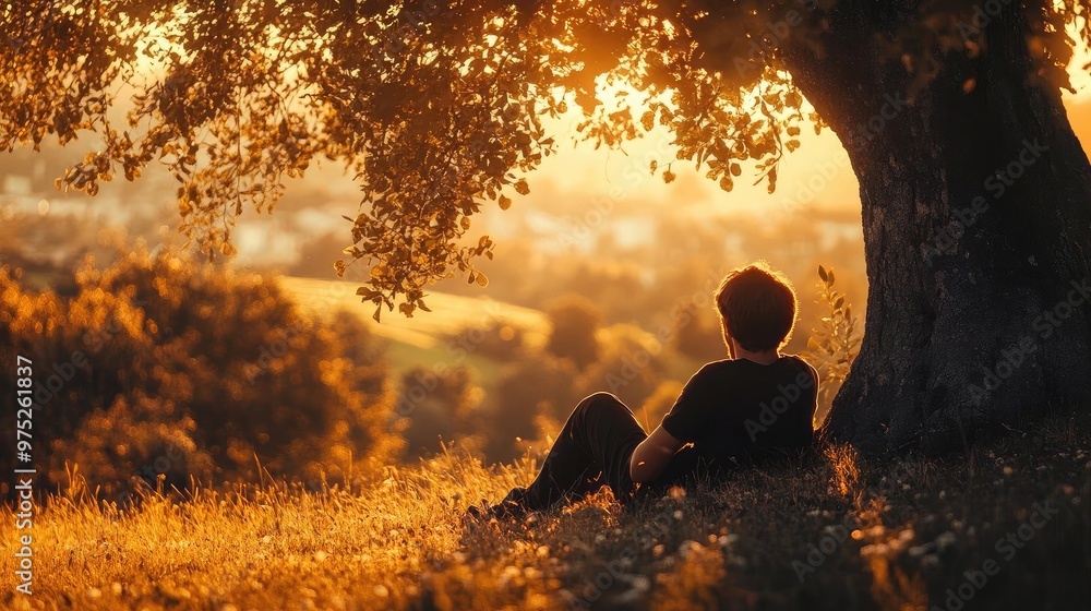 Aufkleber a serene sunset scene capturing a person relaxing under a tree, surrounded by golden light and lush 