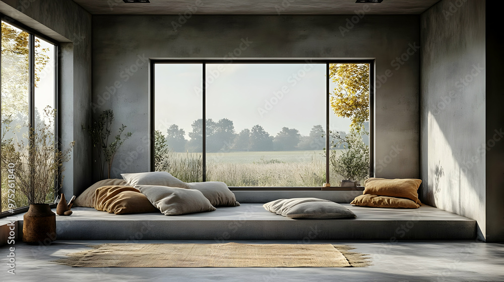 Wall mural A minimalist living room with large windows overlooking a field.  There is a rug on the floor, and a platform with pillows.