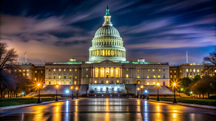 Fototapeta premium Capitol building illuminated at night on Capitol Hill in Washington DC, Washington DC, Capitol building