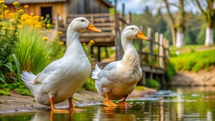 Obraz premium Domestic Pekin ducks, with their soft quacks and fluffy feathers, waddle leisurely around the rustic barnyard, pausing