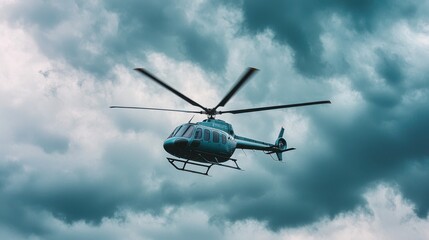 A helicopter flies against a dramatic cloudy sky, capturing a sense of adventure and exploration in dynamic weather.