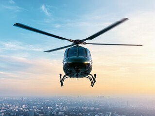 Aerial view of a helicopter flying over a cityscape during sunset, showcasing innovation and adventure in urban transportation.