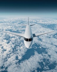 Fototapeta premium Aerial view of a modern airplane flying above clouds, showcasing travel and adventure in the vast blue sky.