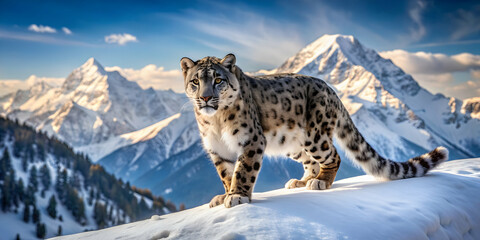 Fototapeta premium Snow leopard stealthily stalking prey on snowy mountain slope with scenic peaks in background, snow leopard, stalking