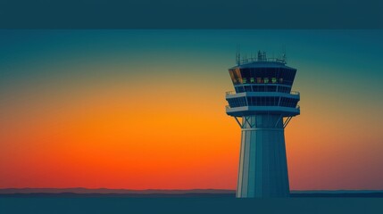 Air traffic control tower silhouette against vibrant, colorful sunset sky. Tranquil twilight scene ideal for aviation and travel themes.