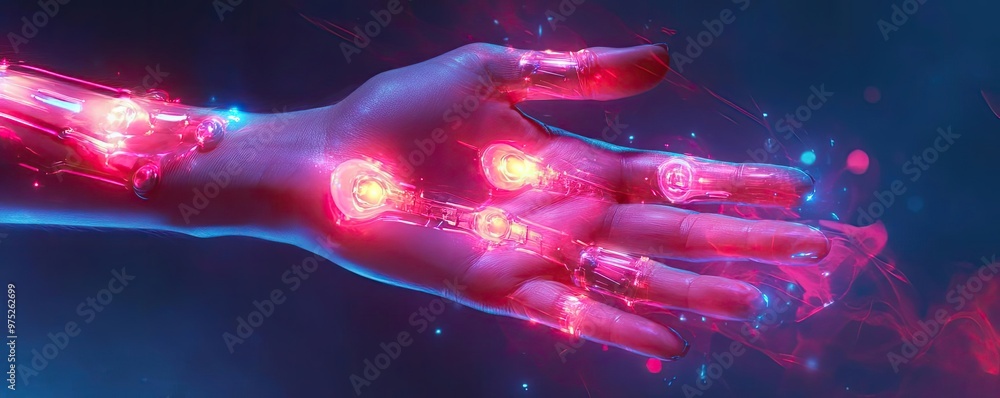 Poster A futuristic hand displaying glowing circuits and vibrant energy patterns, symbolizing technology and innovation.