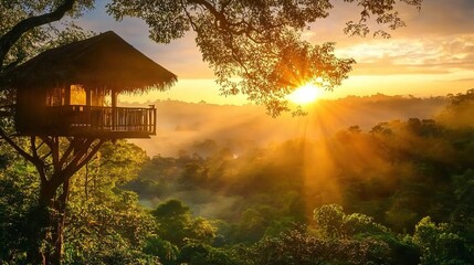 Tree house nestled in a jungle with a stunning sunrise in the background. The scene captures the tree house's cozy and adventurous setting amidst lush greenery, 
