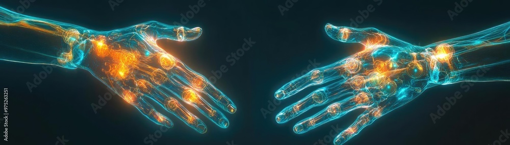 Poster Futuristic glowing hands reaching towards each other, symbolizing connection and technology in digital art.